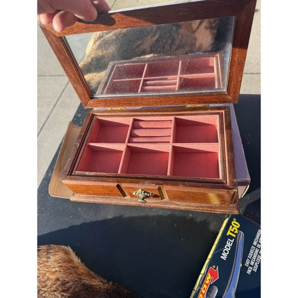 Walnut Finish Wooden Jewelry Box Mirror Lined Compartments Storage Case - Picture 4 of 4